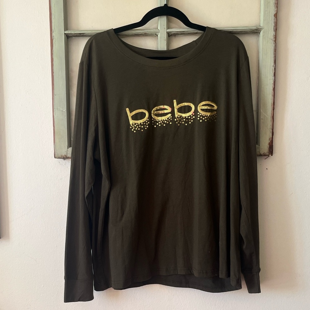 Bebe Olive Green Slip on Top with Gold Embellished Logo Size 2X